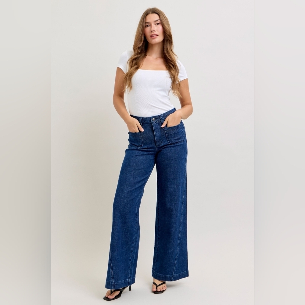Judy Blue HR Dark Wash Retro Wide Leg Jeans Patch Pocket Wrap Seam Various NEW - Picture 1 of 10